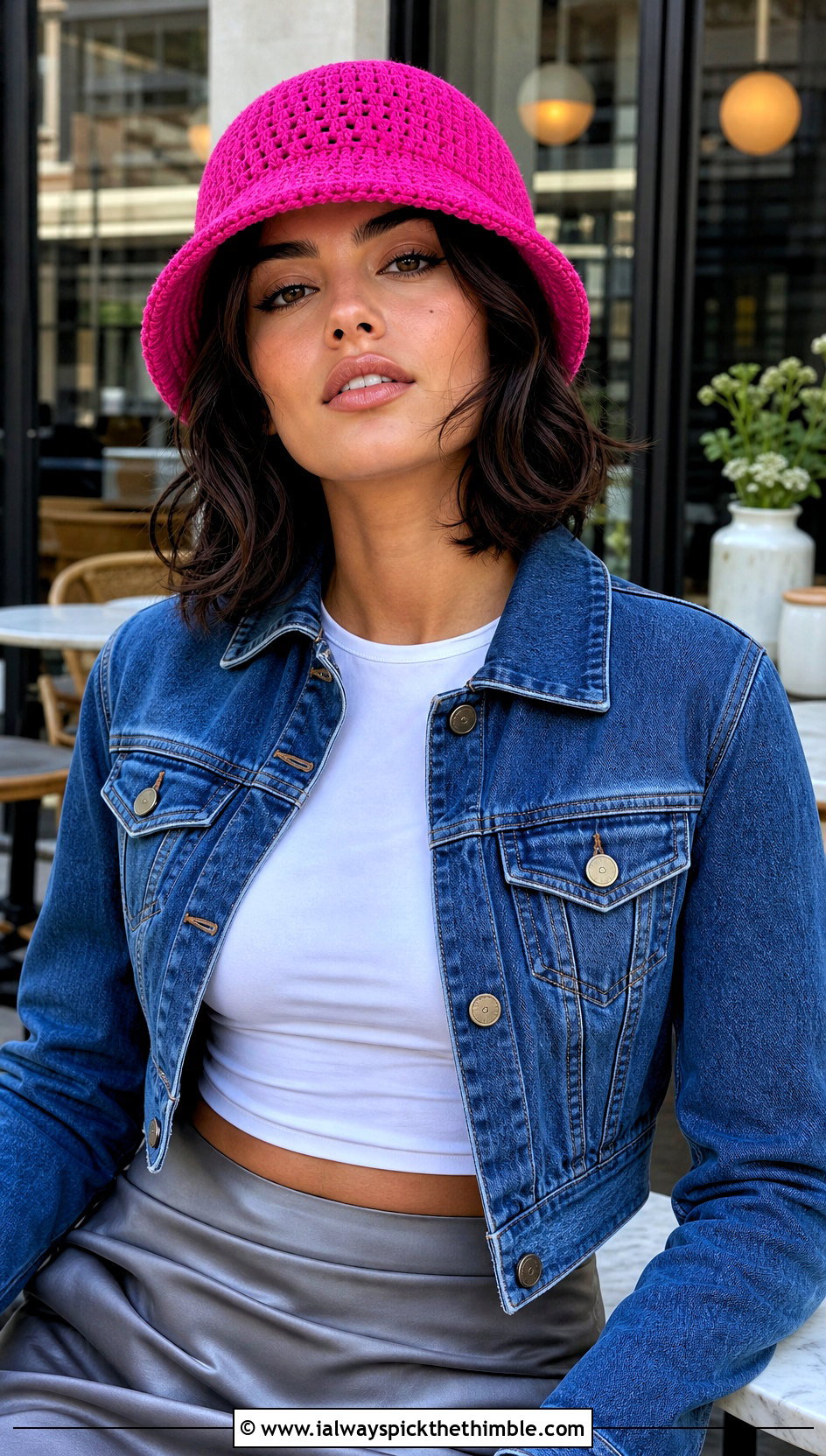 Top Down Bell Hat With Denim Jacket And Satin Skirt - 20 top down crochet hat outfit ideas