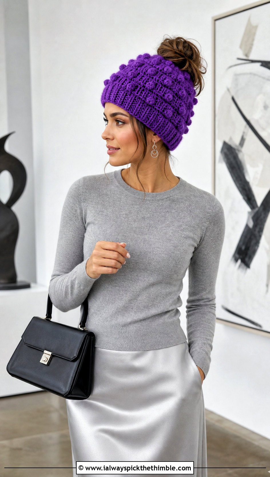 Top Down Bobble Stitch Crochet Messy Bun Hat With Satin Skirt - 20 top down crochet messy bun hat outfit ideas