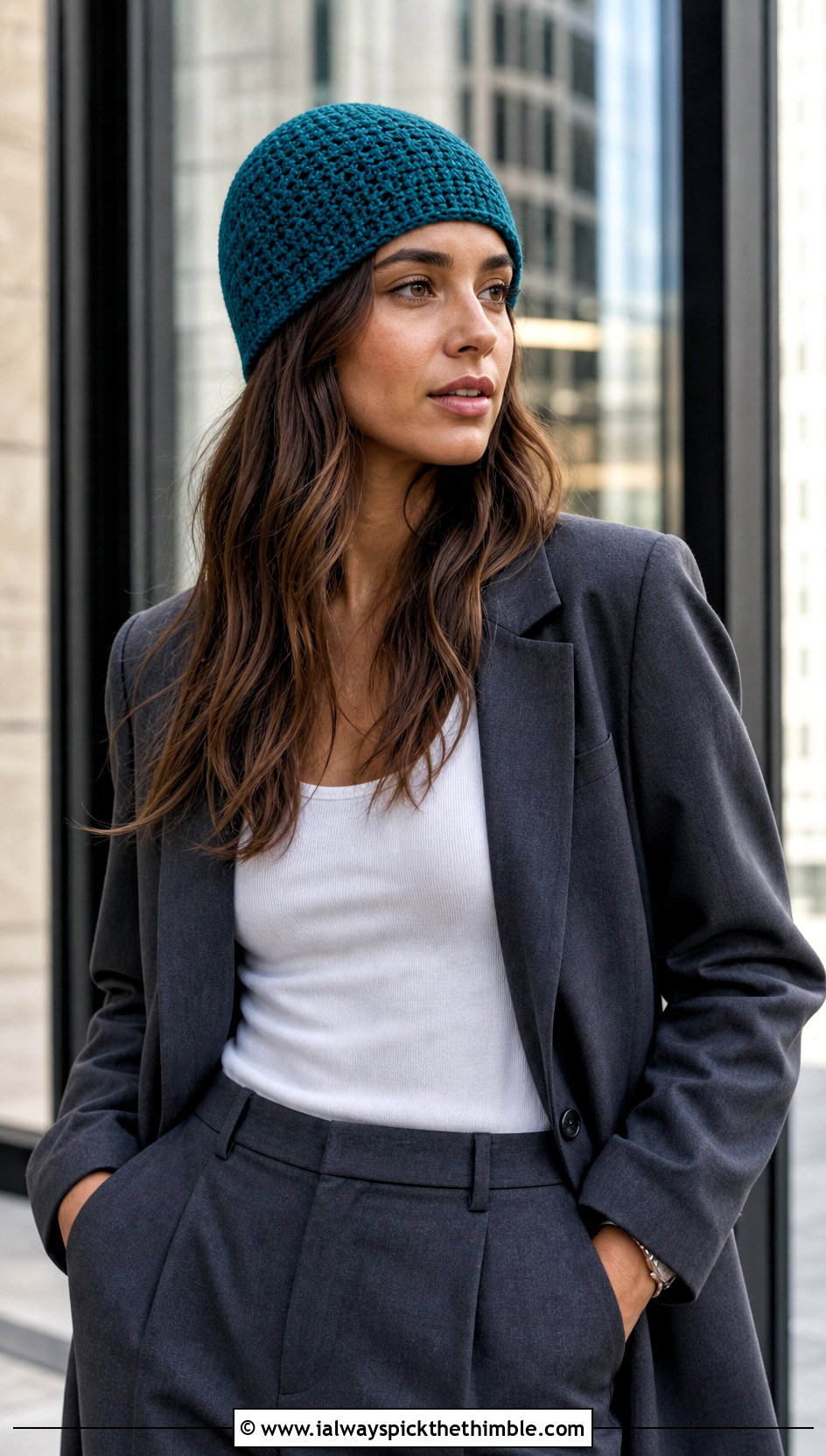 Top Down Brimless Beanie With Blazer And Trousers - 20 top down crochet hat outfit ideas
