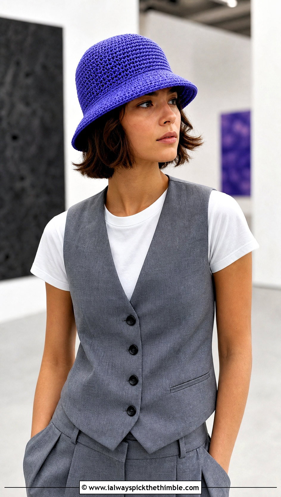 Top Down Brimmed Crochet Cap With Vest And Trousers - 20 top down crochet hat outfit ideas