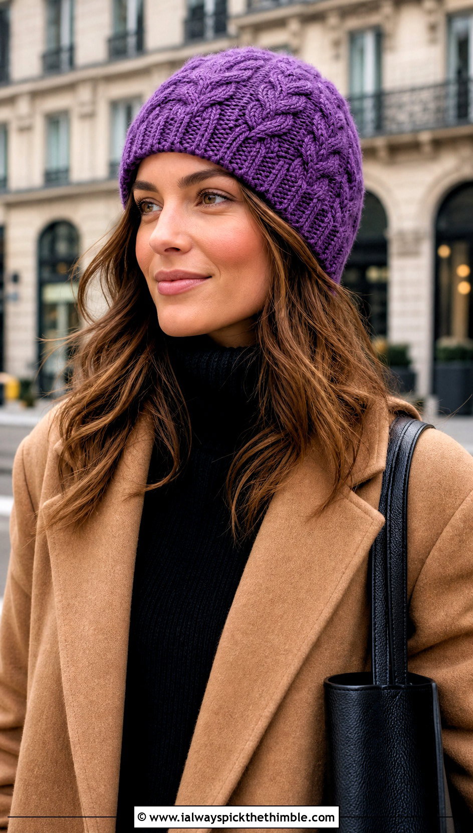 Top Down Cable Crochet Beanie With Wool Coat And Wide Leg Pants - 20 top down crochet hat outfit ideas