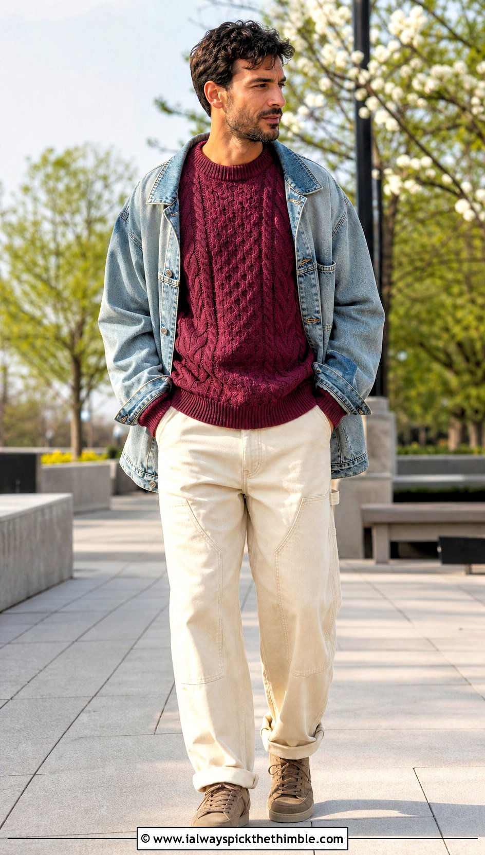 Top Down Cable Raglan Sweater With Denim Jacket - 15 Mens Cable Crochet Sweater outfit ideas