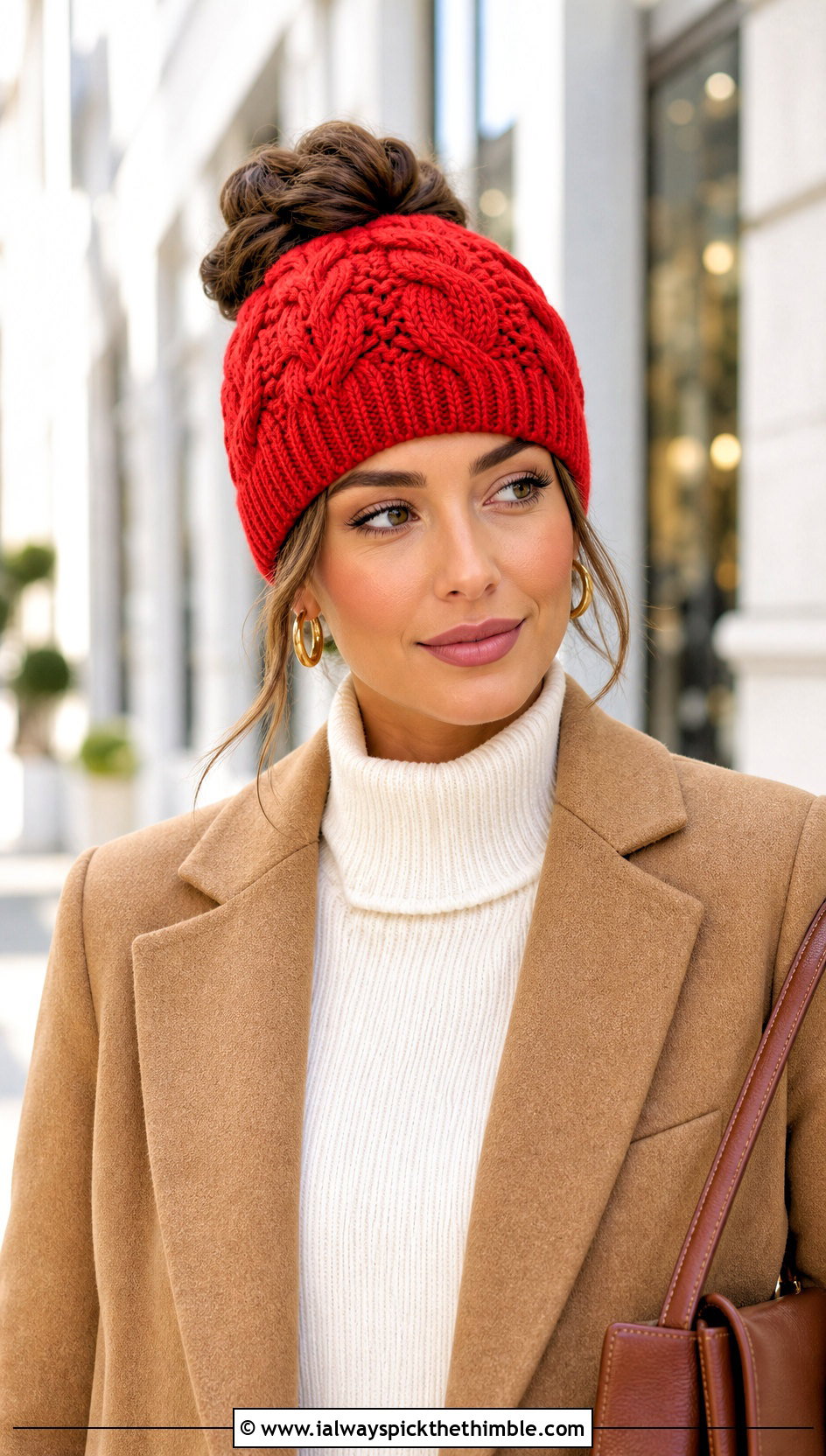 Top Down Cable Stitch Crochet Messy Bun Hat With Tailored Coat - 20 top down crochet messy bun hat outfit ideas