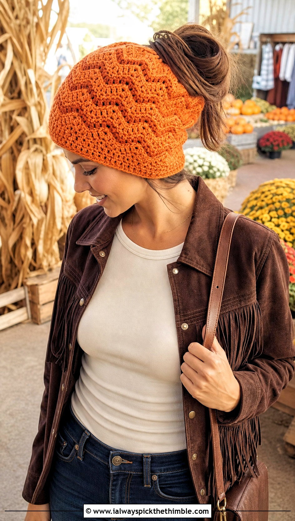 Top Down Chevron Crochet Messy Bun Hat With Western Jacket - 20 top down crochet messy bun hat outfit ideas