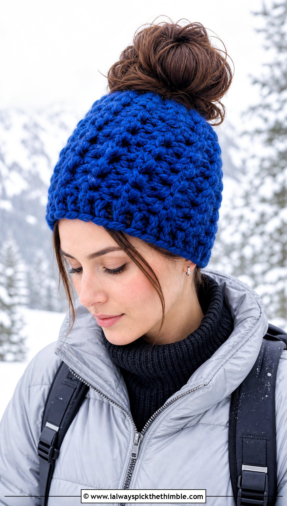 Top Down Chunky Crochet Messy Bun Hat With Puffer Coat - 20 top down crochet messy bun hat outfit ideas