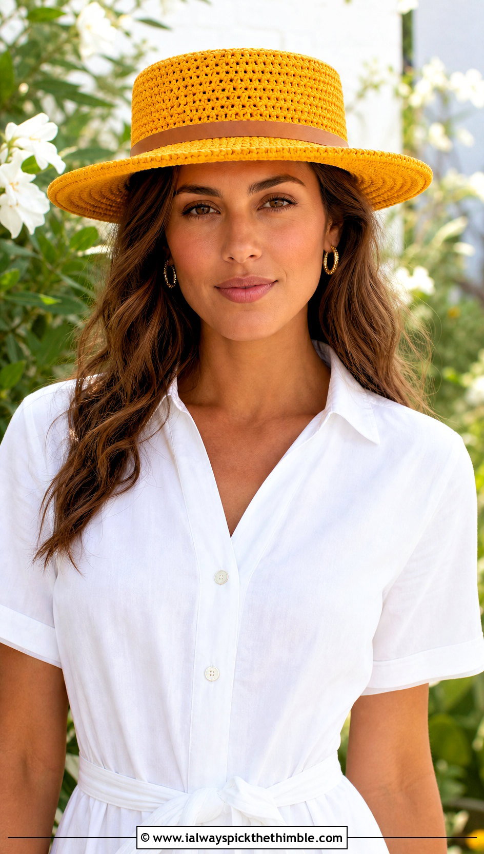 Top Down Crochet Boater Hat With Shirt Dress And Sandals - 20 top down crochet hat outfit ideas