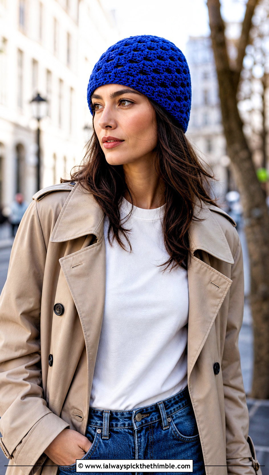 Top Down Granny Stitch Beanie With Trench Coat And Jeans - 20 crochet granny stitch hat outfit ideas