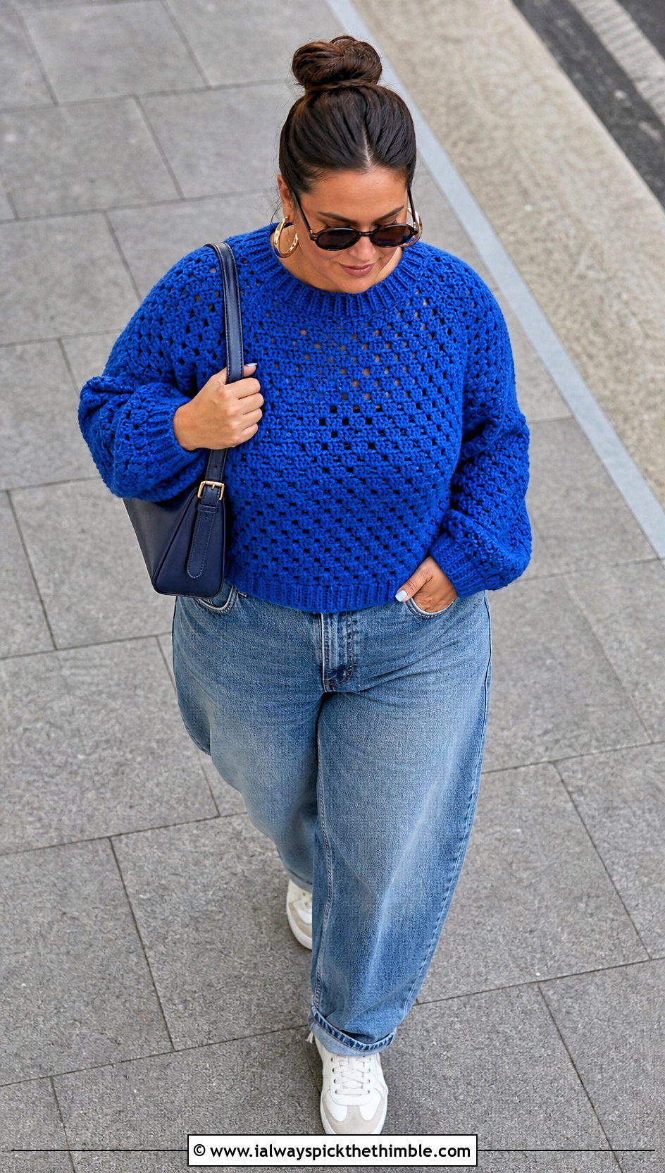 Top Down Granny Stitch Crochet Pullover With Barrel Jeans - 15 love my granny crochet pullover outfit ideas