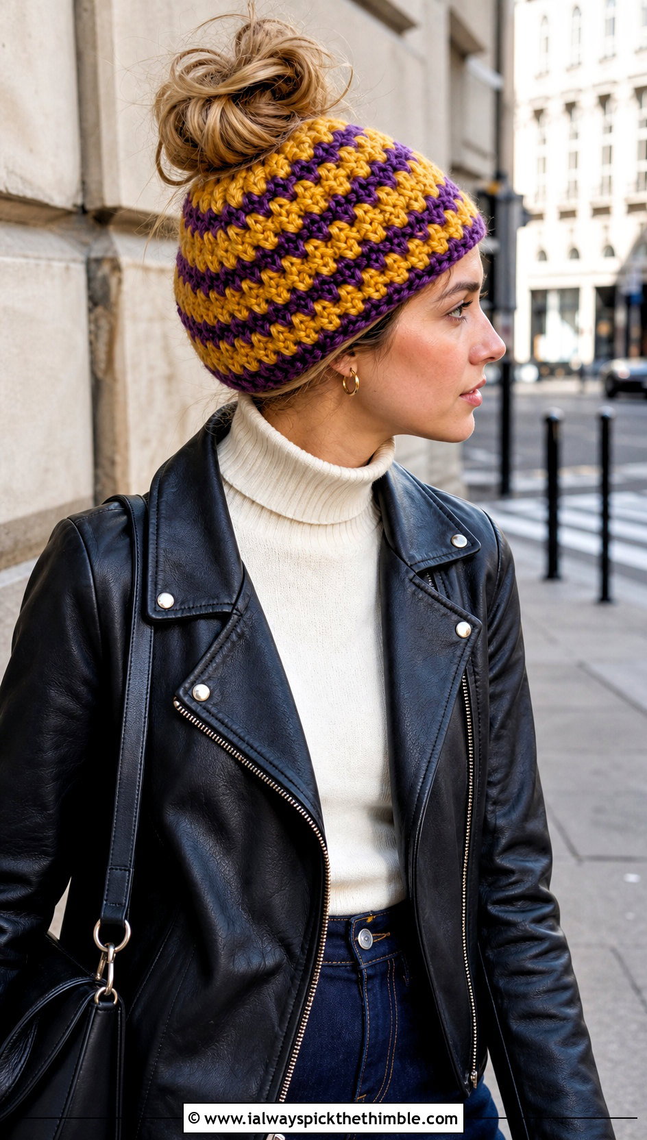 Top Down Granny Stripe Crochet Messy Bun Hat With Leather Jacket - 20 top down crochet messy bun hat outfit ideas