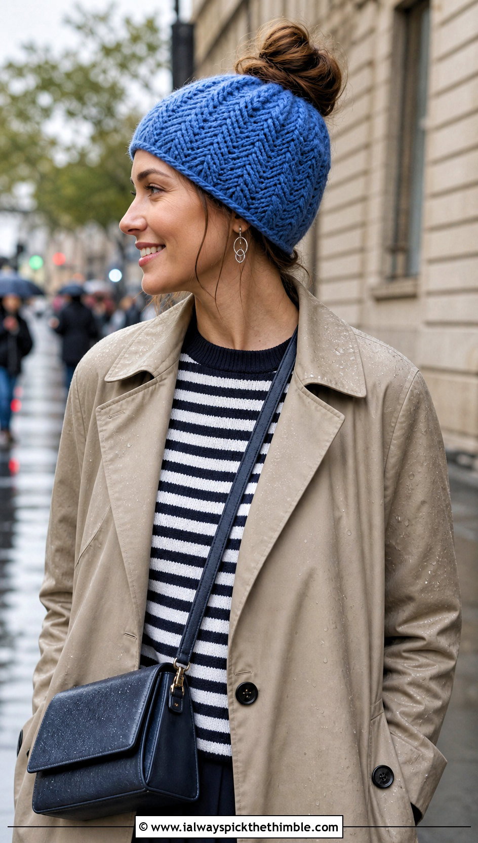 Top Down Herringbone Crochet Messy Bun Hat With Trench Coat - 20 top down crochet messy bun hat outfit ideas