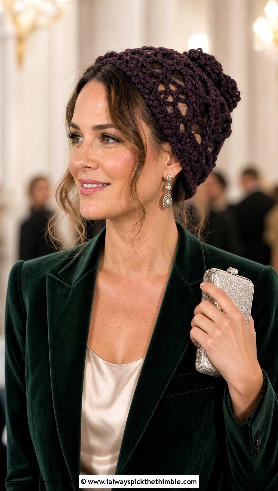 Top Down Lace Crochet Messy Bun Hat With Velvet Blazer - 20 top down crochet messy bun hat outfit ideas