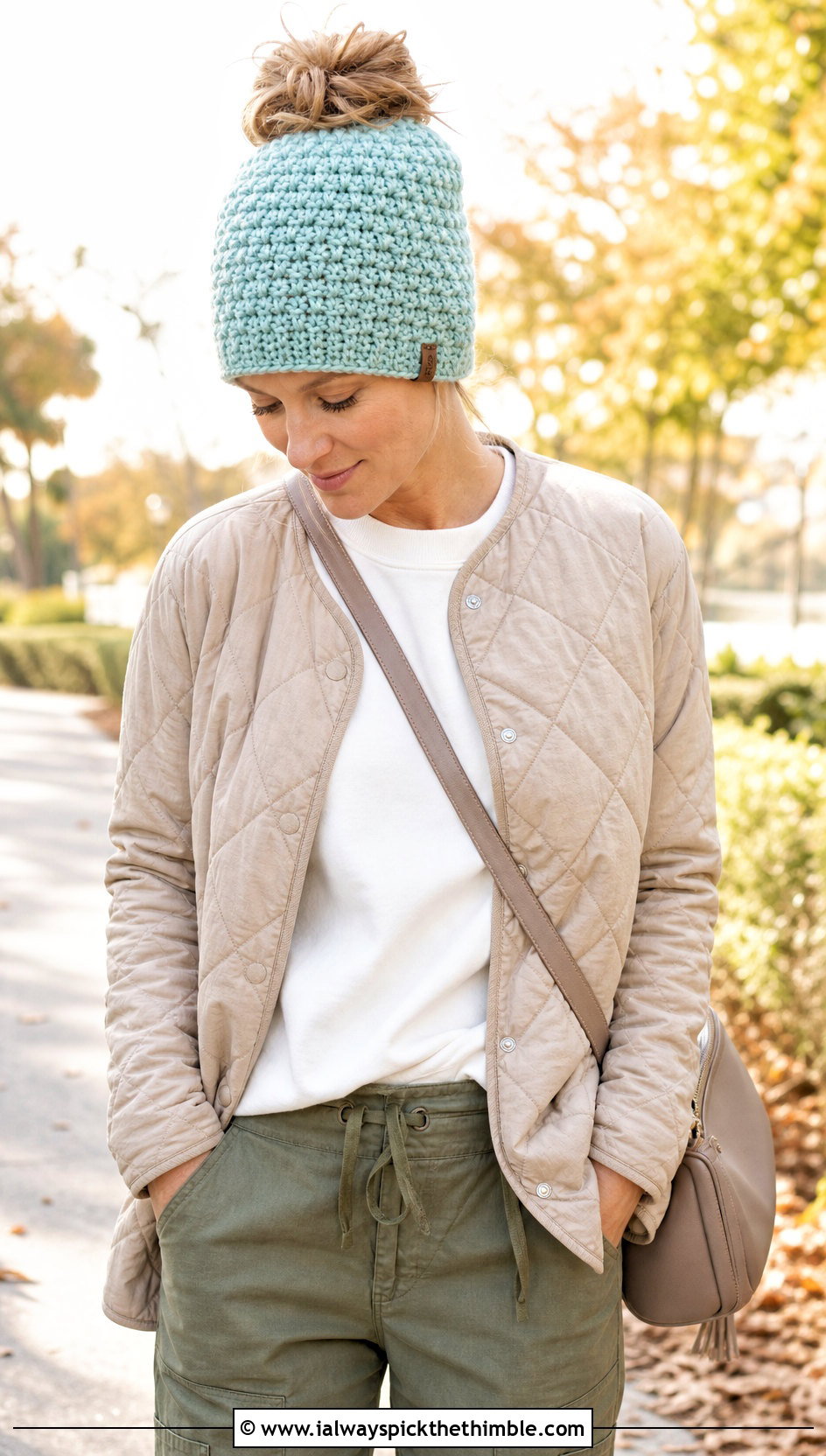 Top Down Moss Stitch Crochet Messy Bun Hat With Quilted Jacket - 20 top down crochet messy bun hat outfit ideas