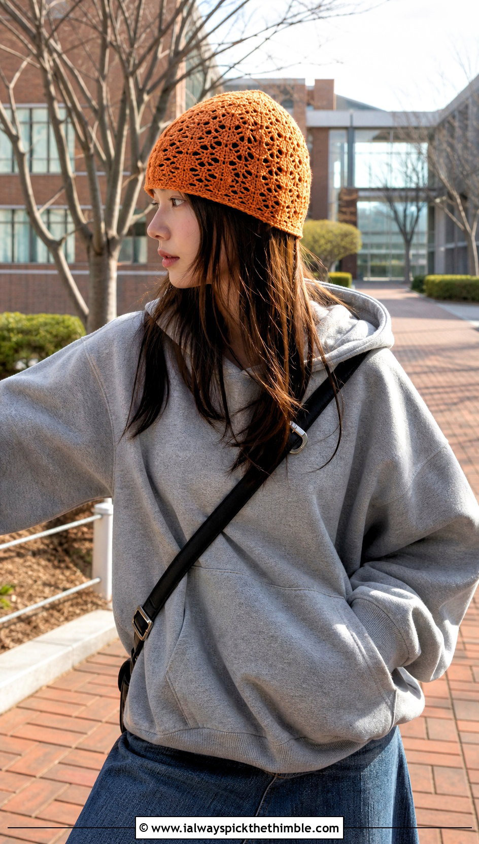 Top Down Openwork Crochet Beanie With Hoodie And Denim Skirt - 20 top down crochet hat outfit ideas
