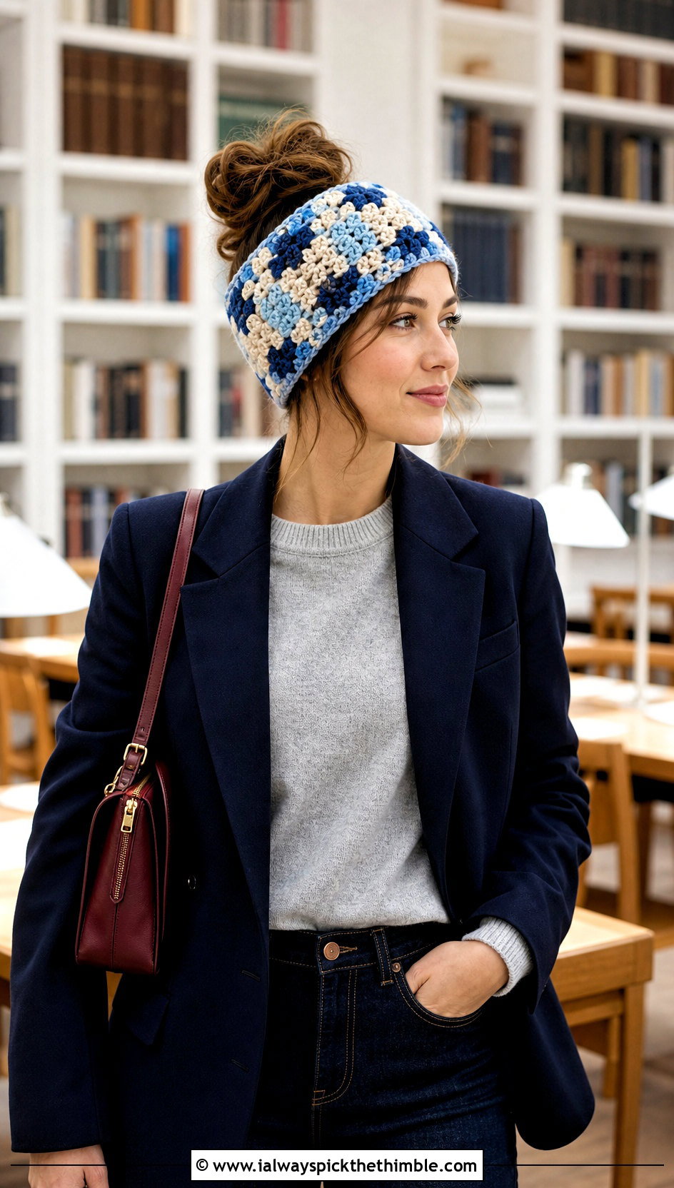 Top Down Plaid Crochet Messy Bun Hat With Blazer And Loafers - 20 top down crochet messy bun hat outfit ideas