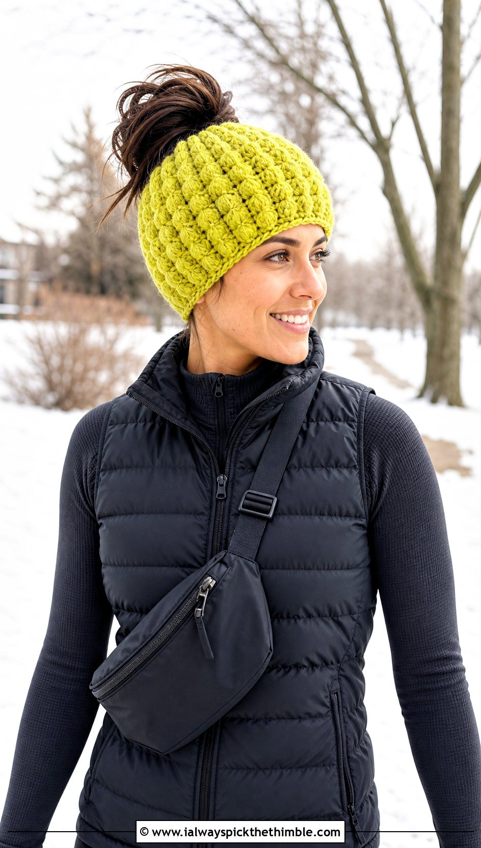 Top Down Puff Stitch Crochet Messy Bun Hat With Puffer Vest - 20 top down crochet messy bun hat outfit ideas
