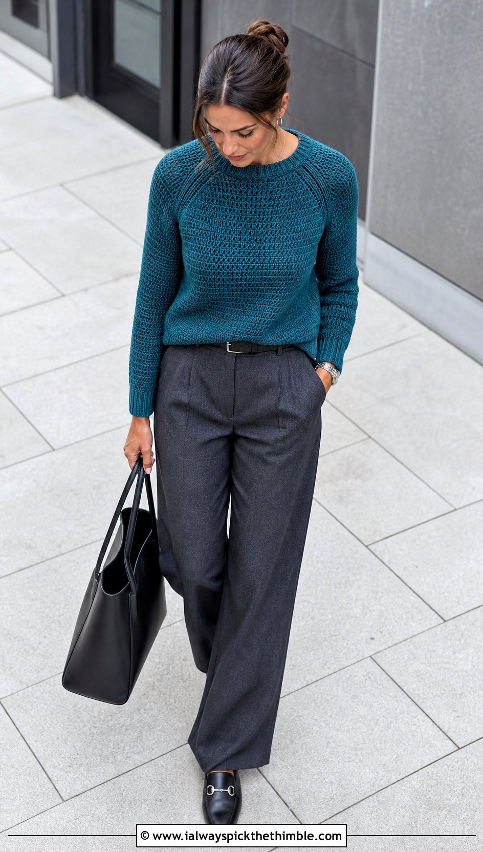 Top Down Raglan Crochet Sweater With Tailored Trousers - 15 Customizable Crochet Sweater Design outfit ideas