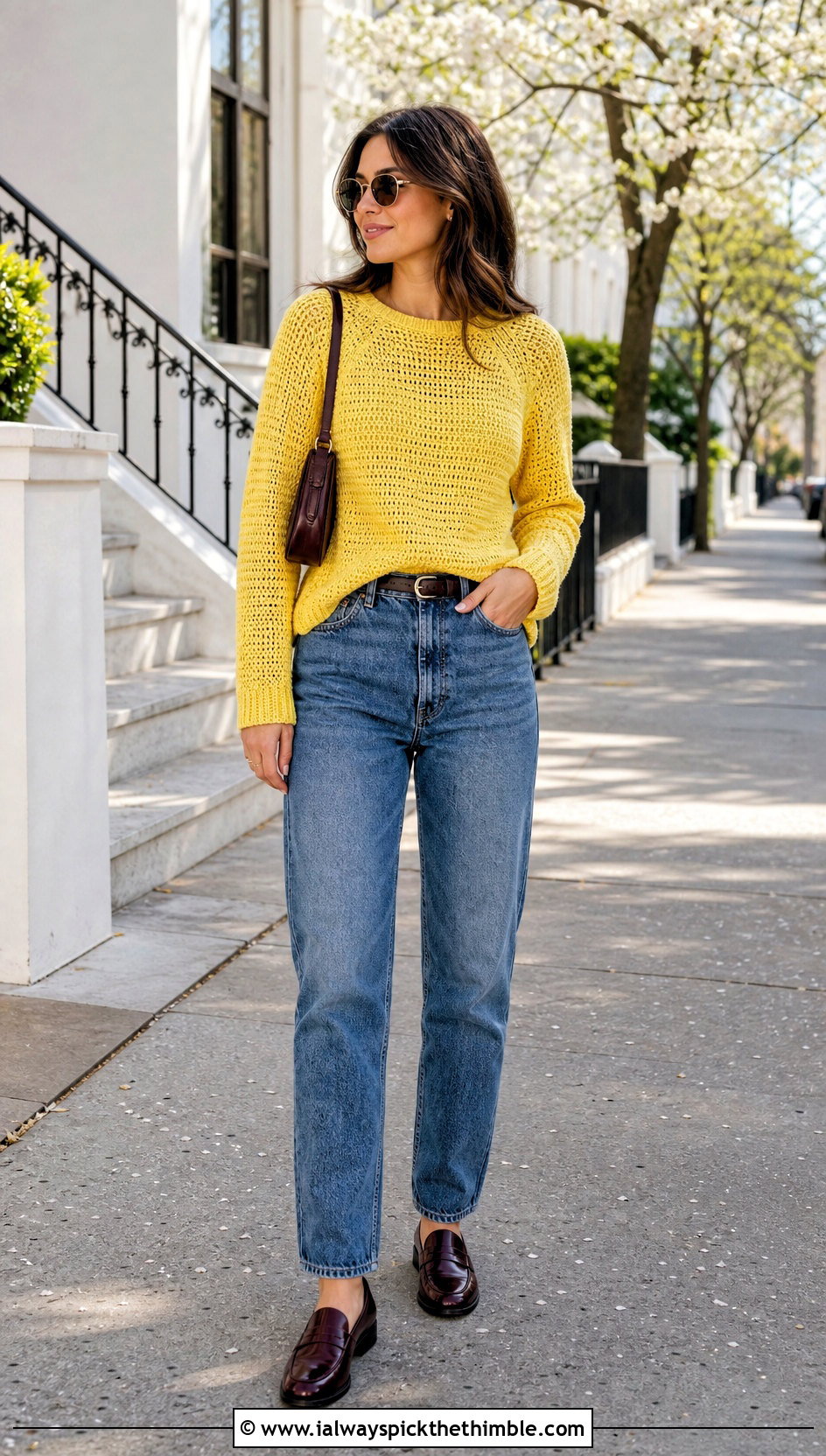 Top Down Raglan Seamless Crochet Sweater With Straight Jeans - 20 Seamless Crochet Sweater outfit ideas