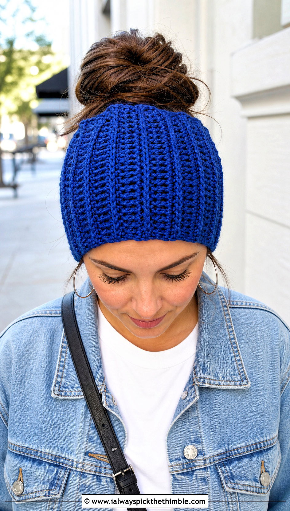 Top Down Ribbed Crochet Messy Bun Hat With Denim Jacket - 20 top down crochet messy bun hat outfit ideas