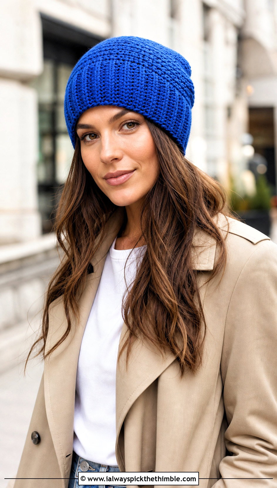 Top Down Ribbed Cuffed Beanie With Trench Coat And Jeans - 20 top down crochet hat outfit ideas