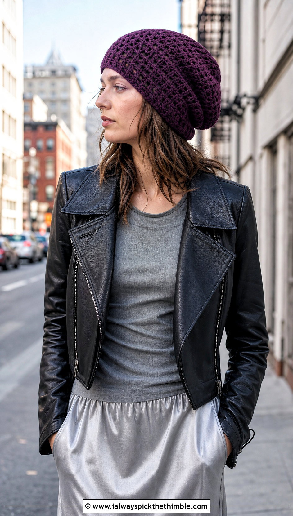 Top Down Slouchy Beanie With Leather Jacket And Maxi Skirt - 20 top down crochet hat outfit ideas