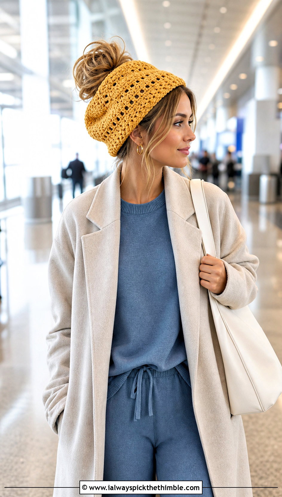 Top Down Slouchy Crochet Messy Bun Hat With Airport Outfit - 20 top down crochet messy bun hat outfit ideas