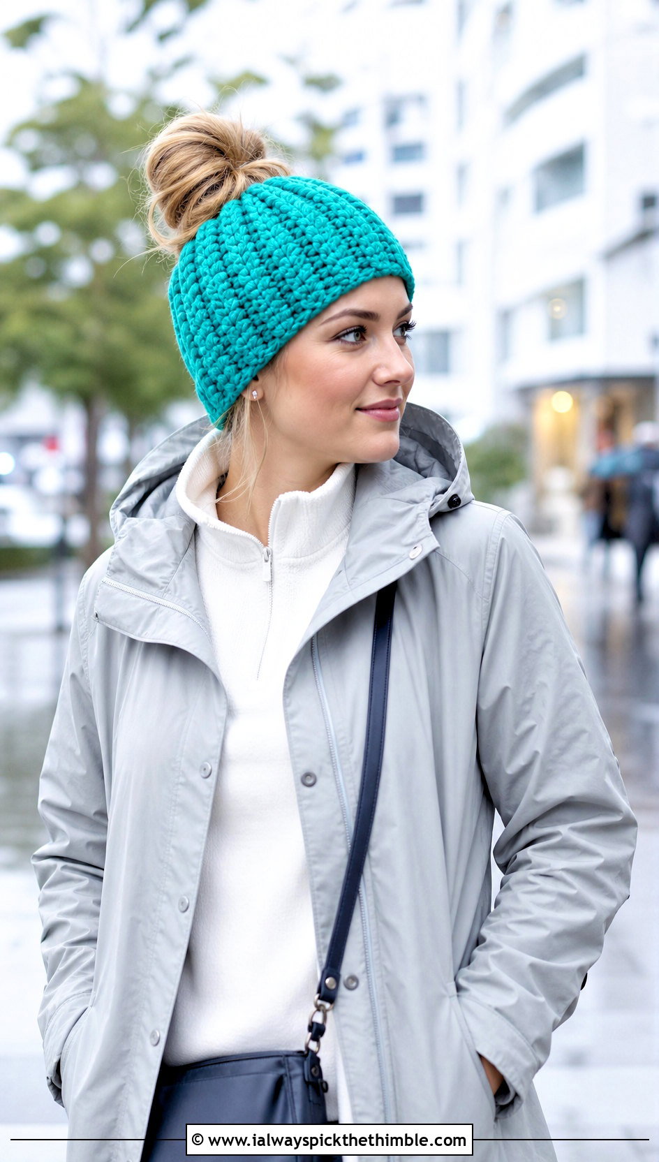 Top Down Twist Stitch Crochet Messy Bun Hat With Raincoat - 20 top down crochet messy bun hat outfit ideas