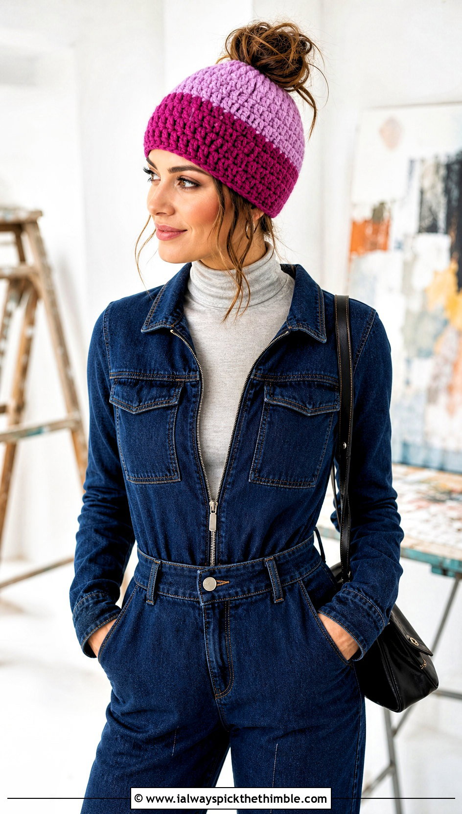 Top Down Two Tone Crochet Messy Bun Hat With Denim Jumpsuit - 20 top down crochet messy bun hat outfit ideas