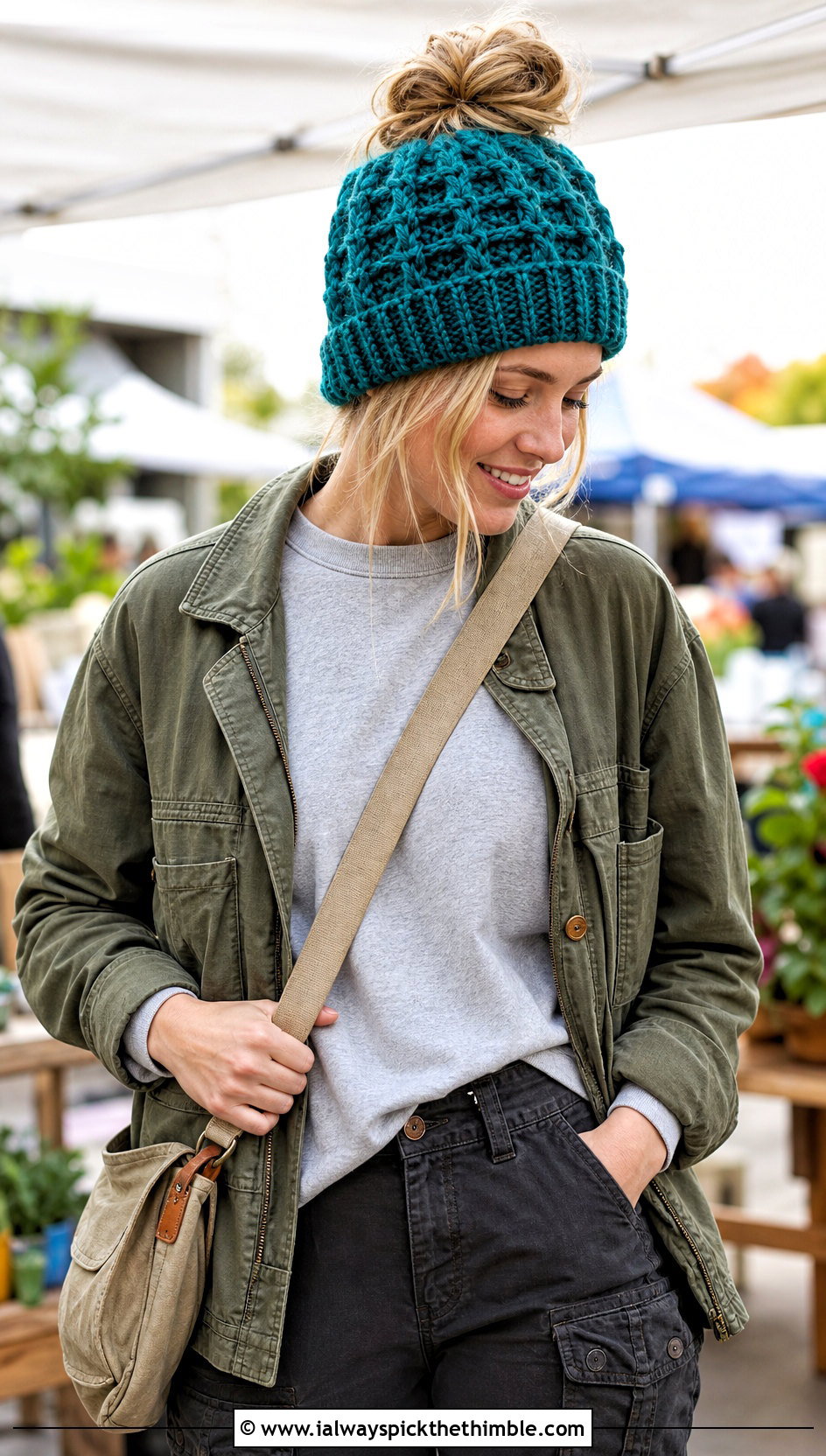 Top Down Waffle Stitch Crochet Messy Bun Hat With Utility Jacket - 20 top down crochet messy bun hat outfit ideas