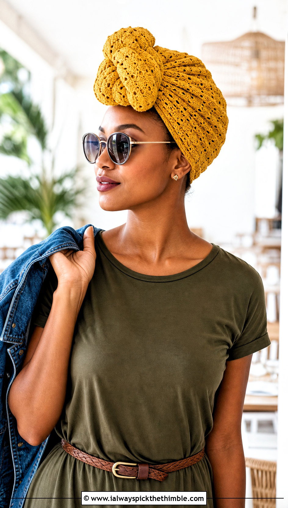Top Knot Crochet Turban With T Shirt Dress - 25 crochet turban outfit ideas