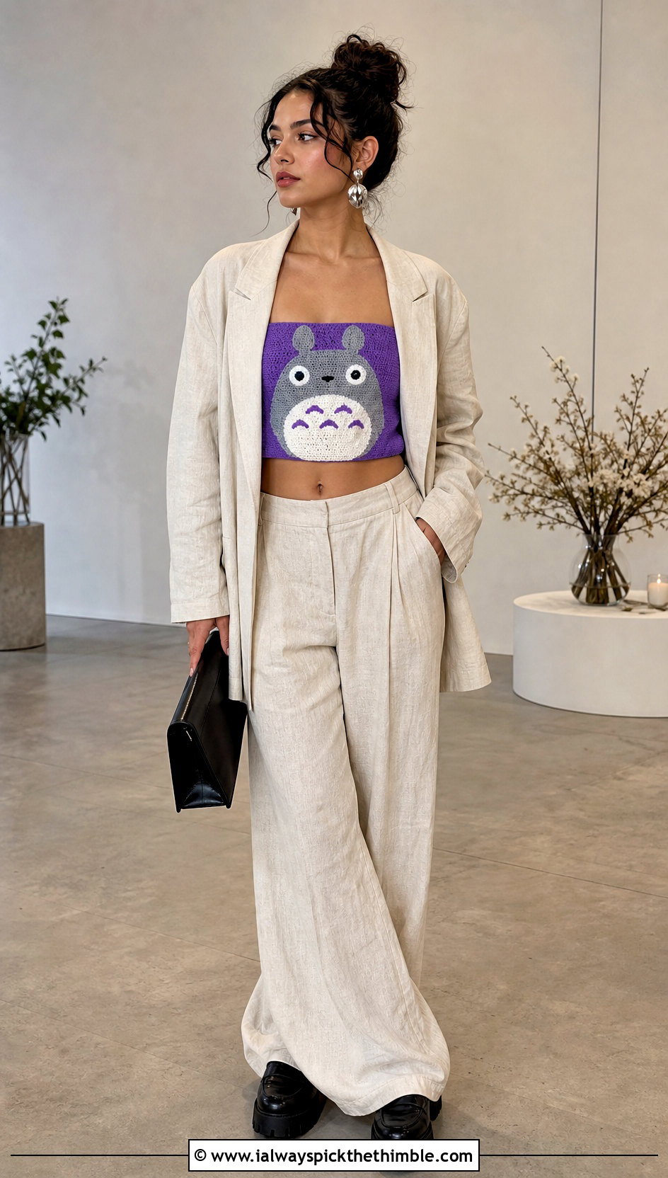 Totoro Crochet Bandeau Top With Oversized Suit - 20 Totoro Crochet Top outfit ideas