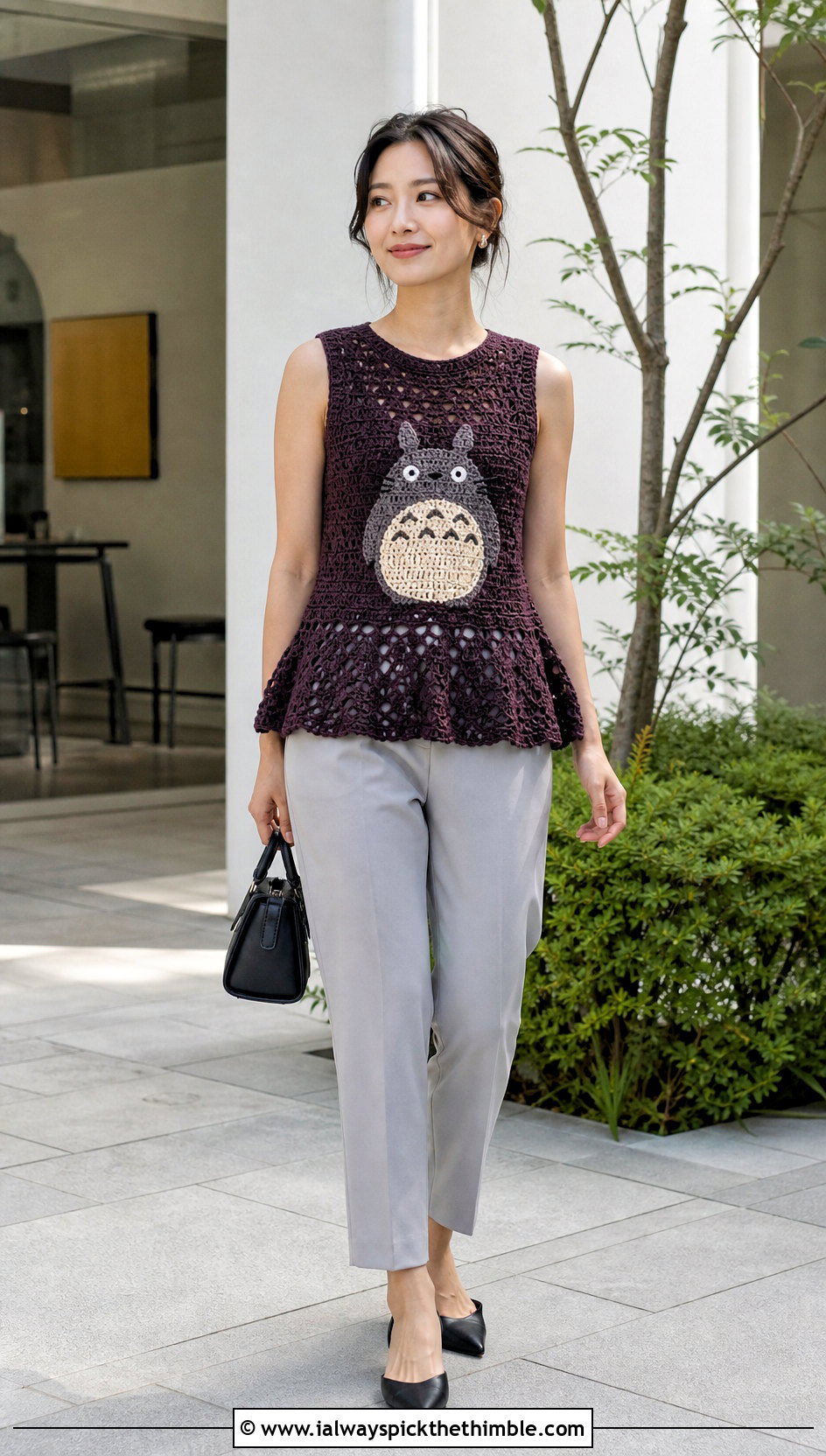Totoro Crochet Peplum Top With Straight Leg Pants - 20 Totoro Crochet Top outfit ideas