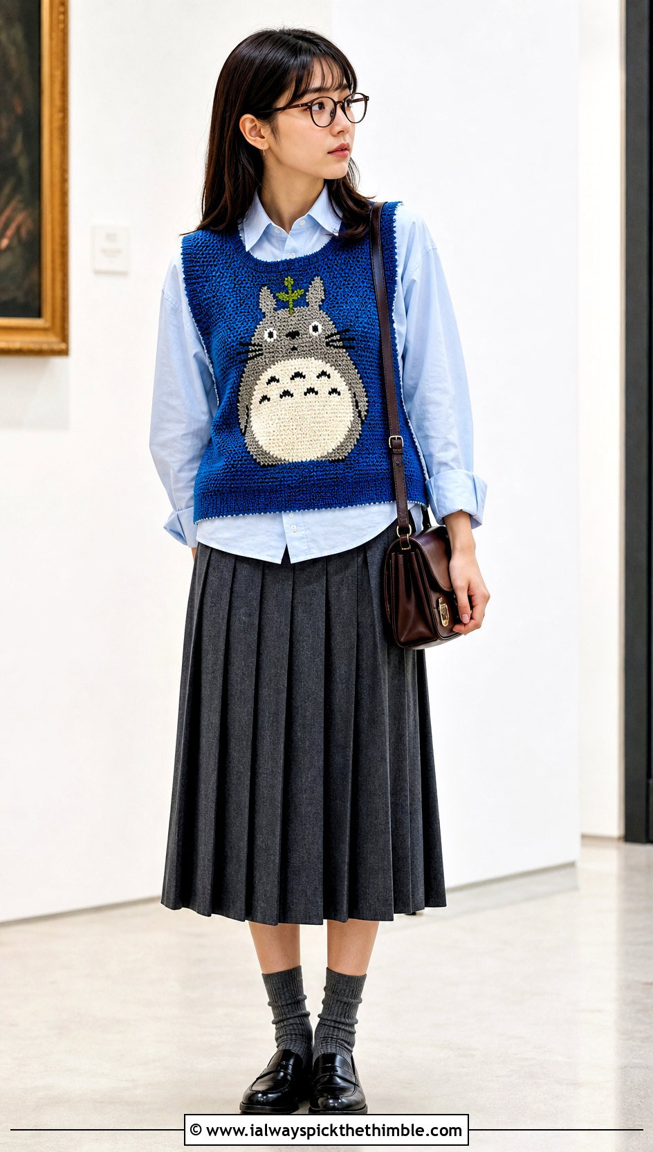 Totoro Crochet Sweater Vest With Oxford Shirt - 20 Totoro Crochet Top outfit ideas