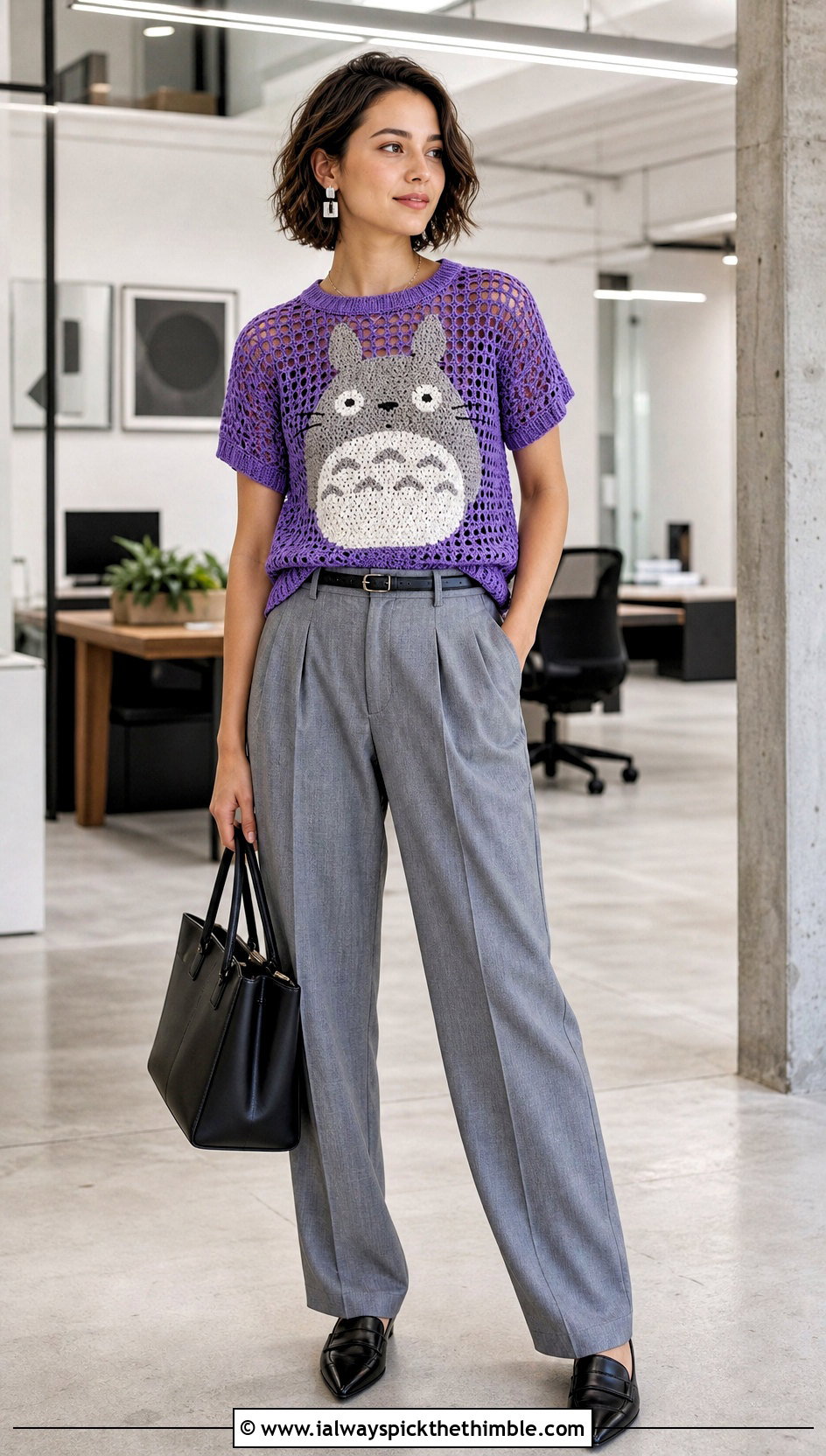 Totoro Filet Crochet Tee With Tailored Trousers - 20 Totoro Crochet Top outfit ideas