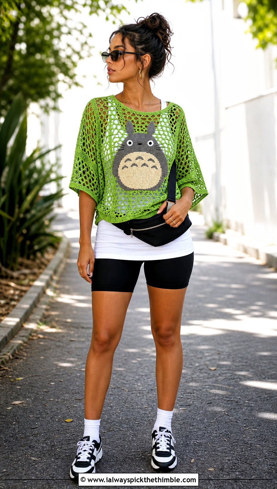 Totoro Oversized Mesh Crochet Tee With Biker Shorts - 20 Totoro Crochet Top outfit ideas