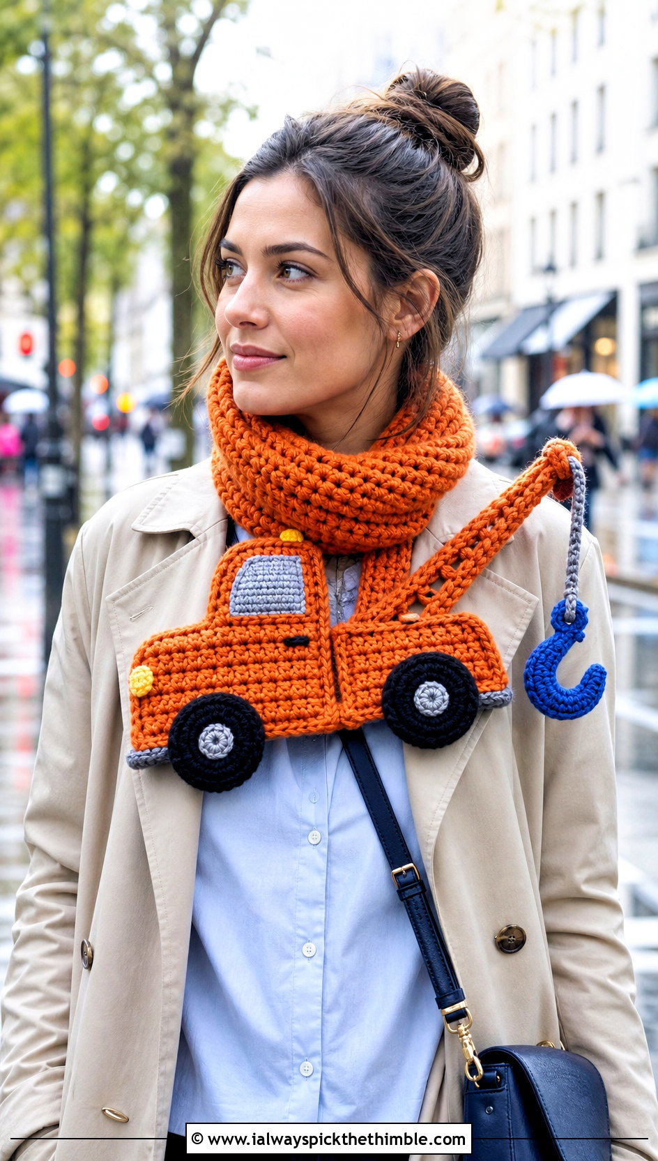 Tow Truck Crochet Scarf With Trench Coat - 20 Crochet Truck Scarf outfit ideas