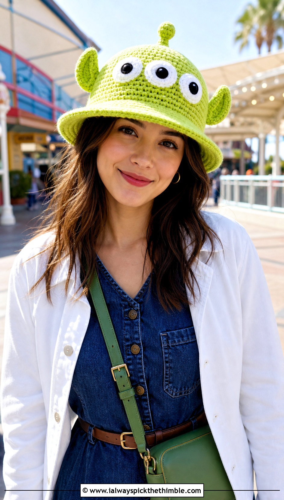 Toy Story Alien Crochet Fedora With Denim Dress - 20 disney crochet hat outfit ideas