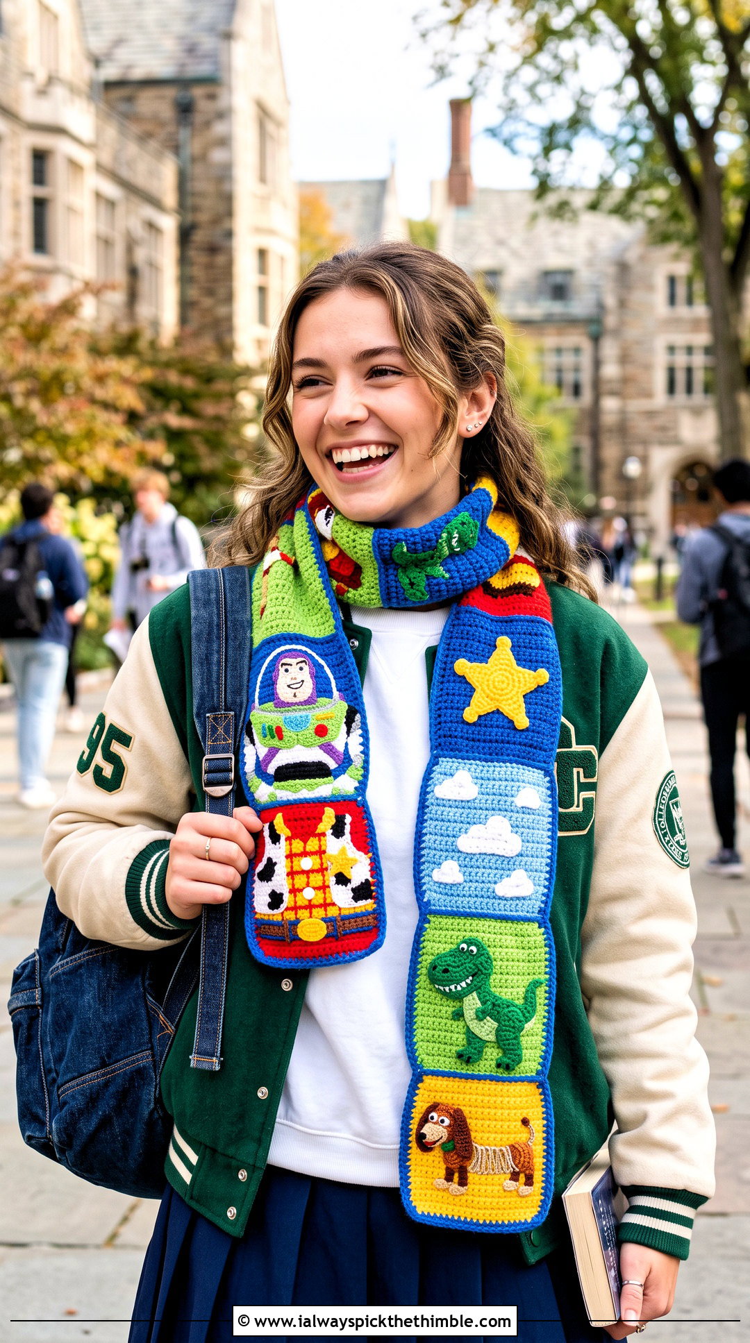 Toy Story Patchwork Crochet Disney Scarf With Varsity Jacket - 20 Crochet Disney Scarf outfit ideas