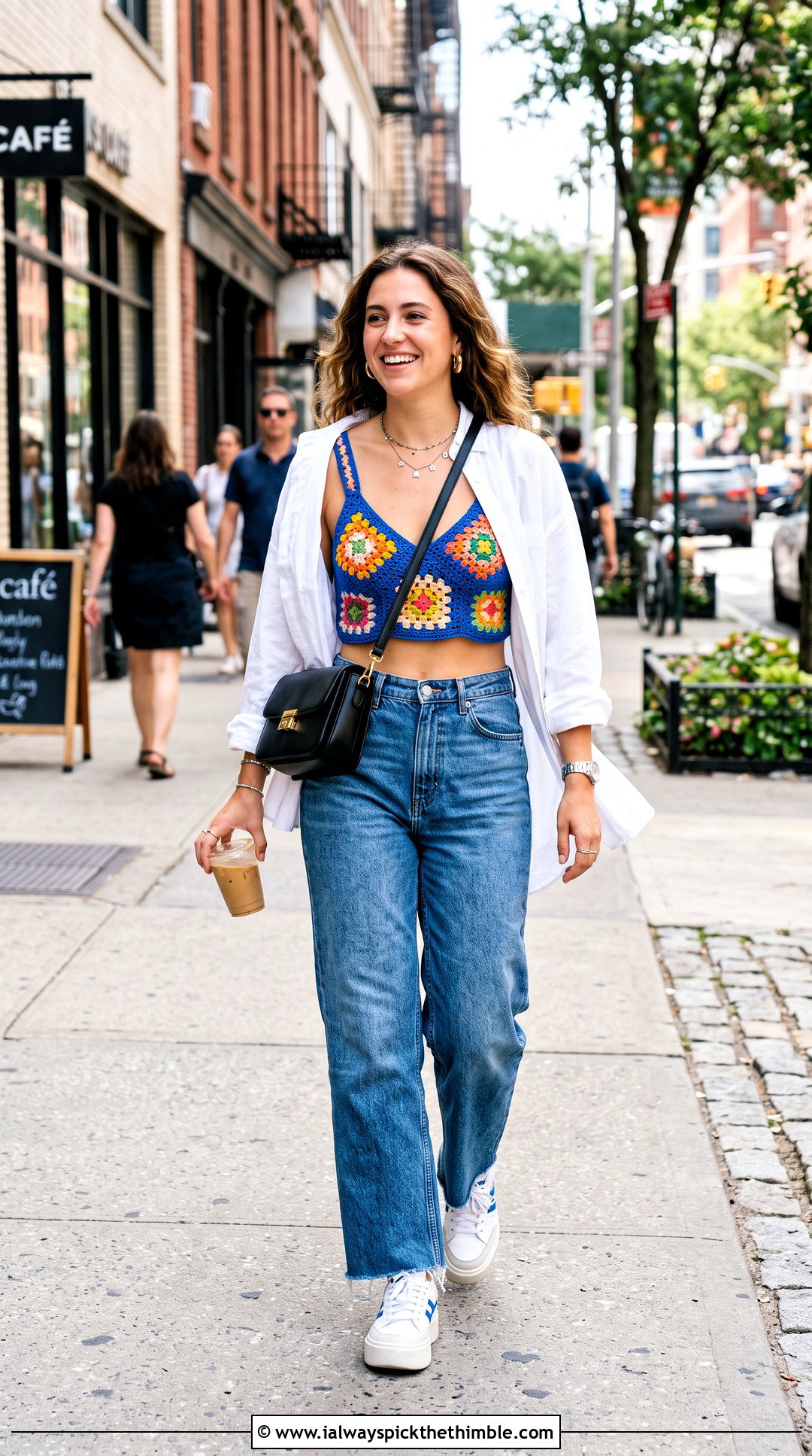 Traditional Granny Square Bralette With Wide Leg Jeans - 15 granny square bralette outfit ideas