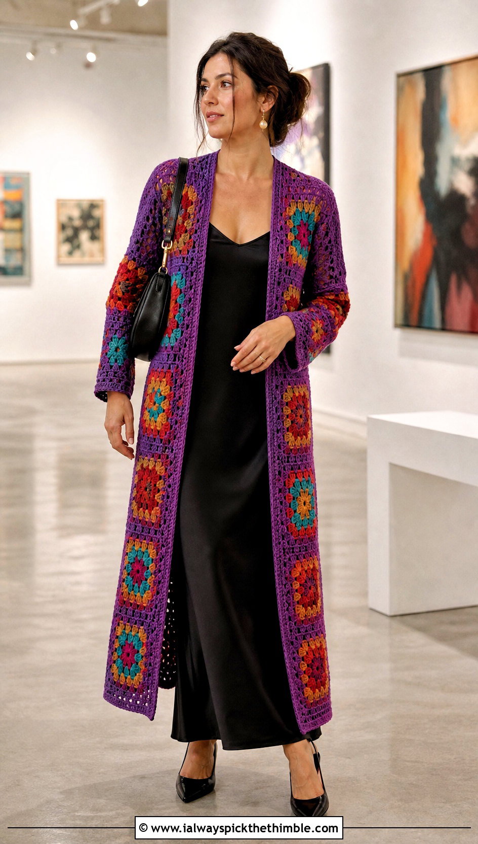Traditional Granny Square Duster With Black Slip Dress - 20 Crochet Granny Square Duster outfit ideas