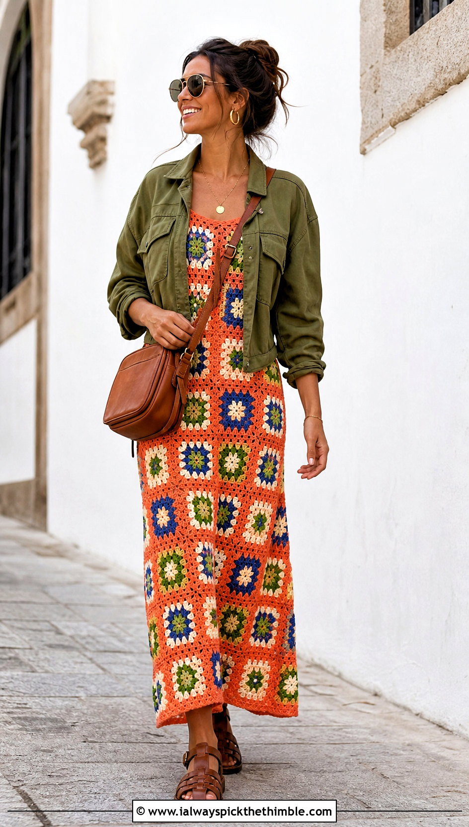 Traditional Granny Square Maxi Dress With Utility Jacket - 25 granny square dress outfit ideas