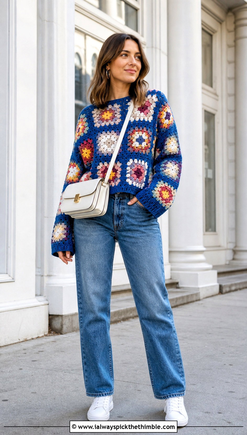 Traditional Granny Square Pullover With Straight Leg Jeans - 20 crochet granny square pullover sweater outfit ideas