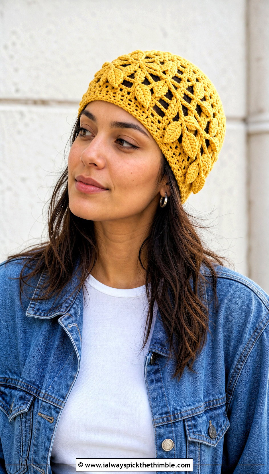 Trailing Leaves Beanie With Denim Outfit - 20 Crochet Leaf Hat outfit ideas