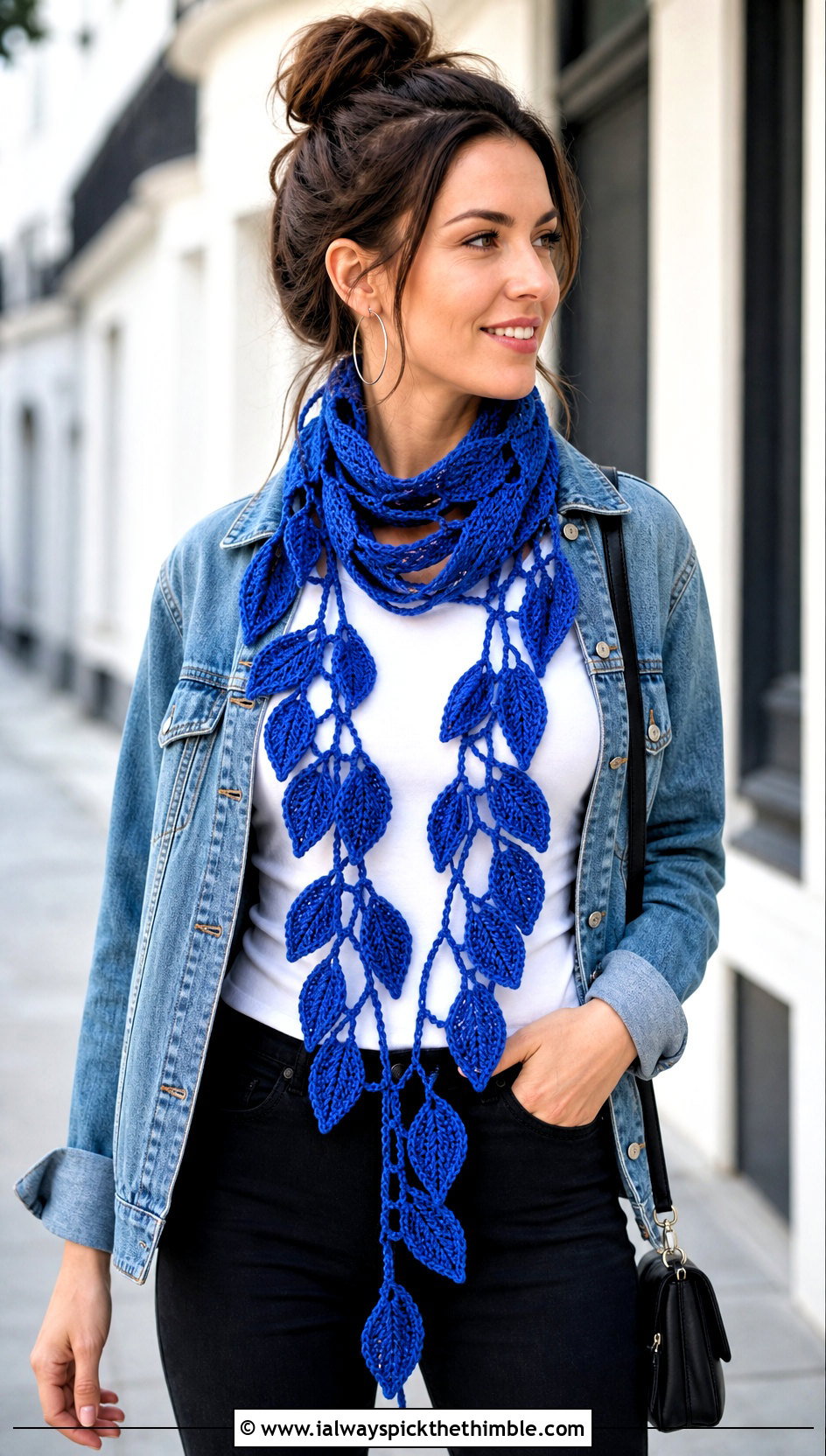 Trailing Leaves Scarf With Denim Jacket - 20 crochet leaf scarf outfit ideas