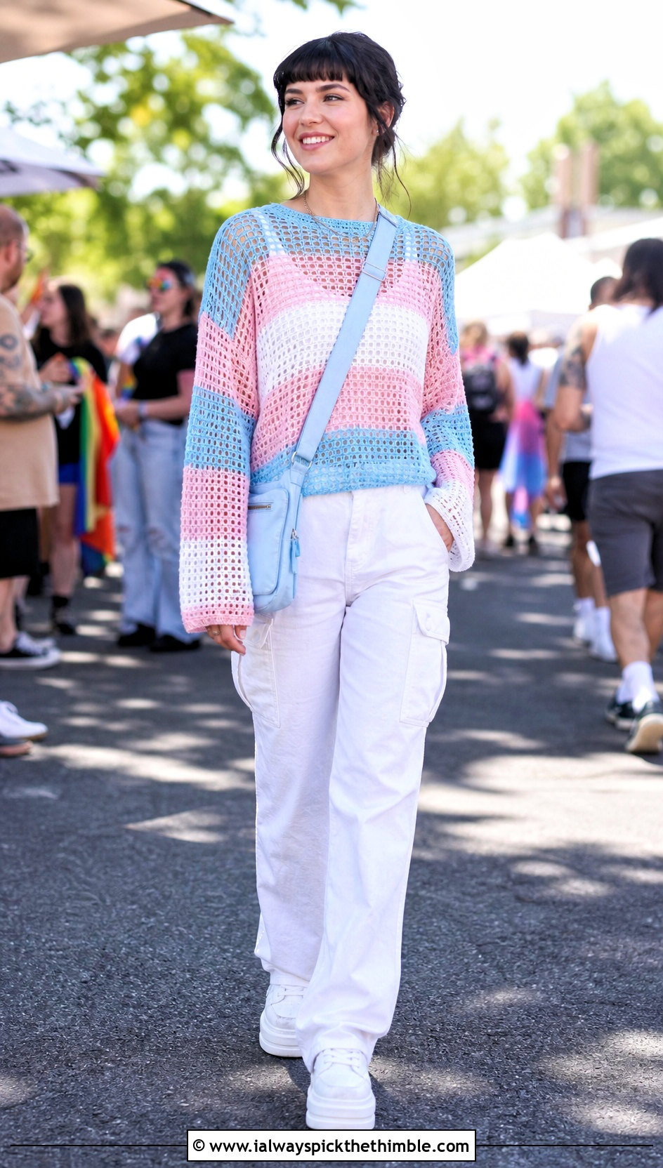 Trans Pride Mesh Crochet Top With White Cargo Pants - 25 crochet pride top outfit ideas