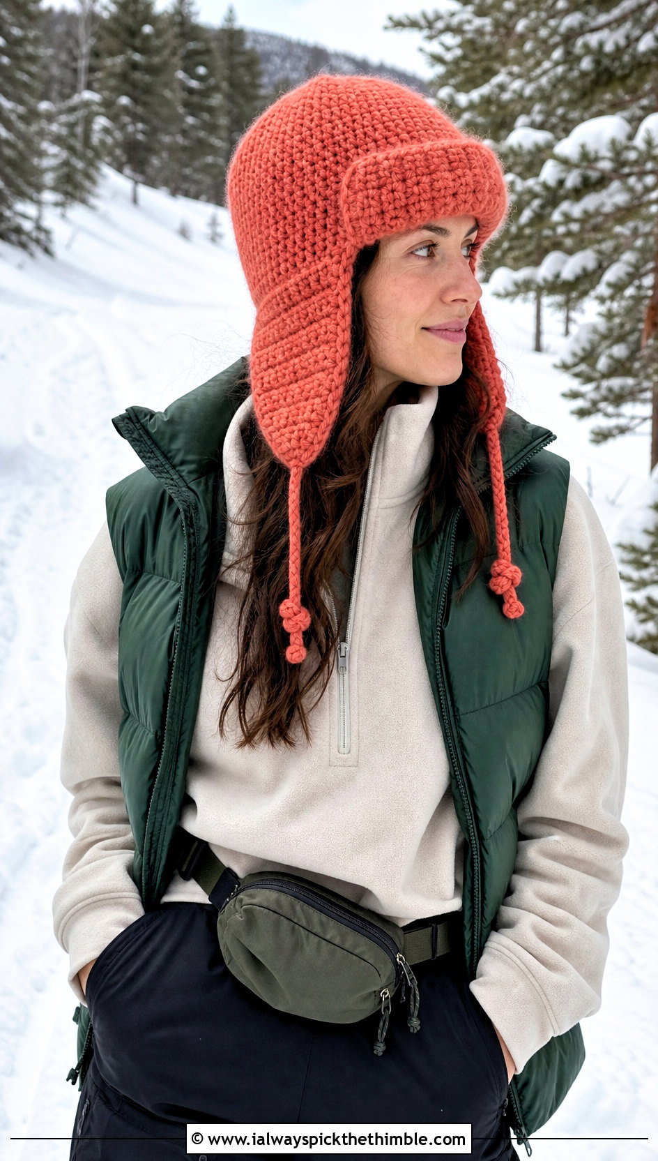 Trapper Knit Look Crochet Hat With Puffer Vest - 20 Knit Look Crochet Hat outfit ideas