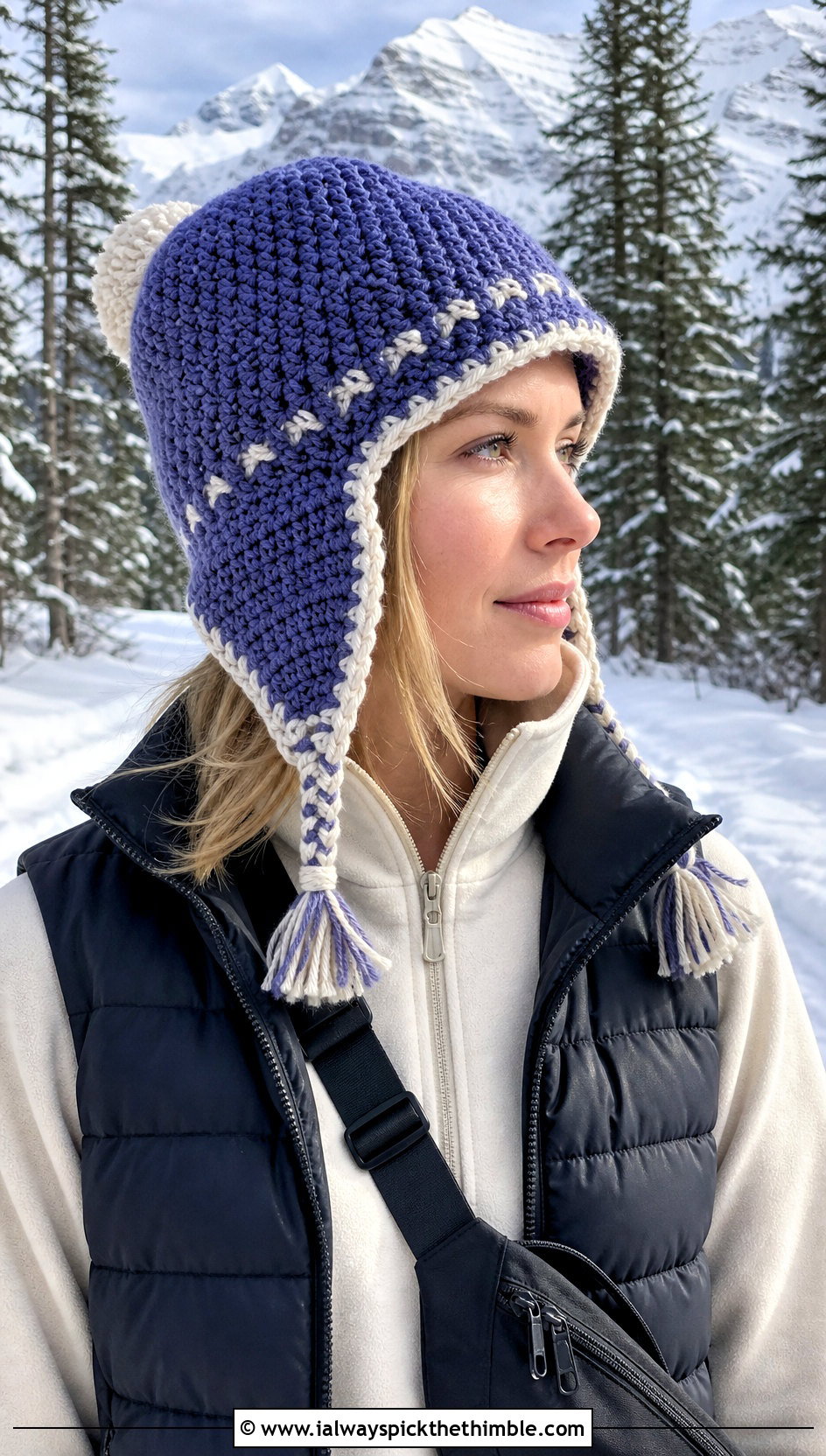 Trapper Knit Look Crochet Hat With Puffer Vest - 20 Crochet Knit Look Hat outfit ideas
