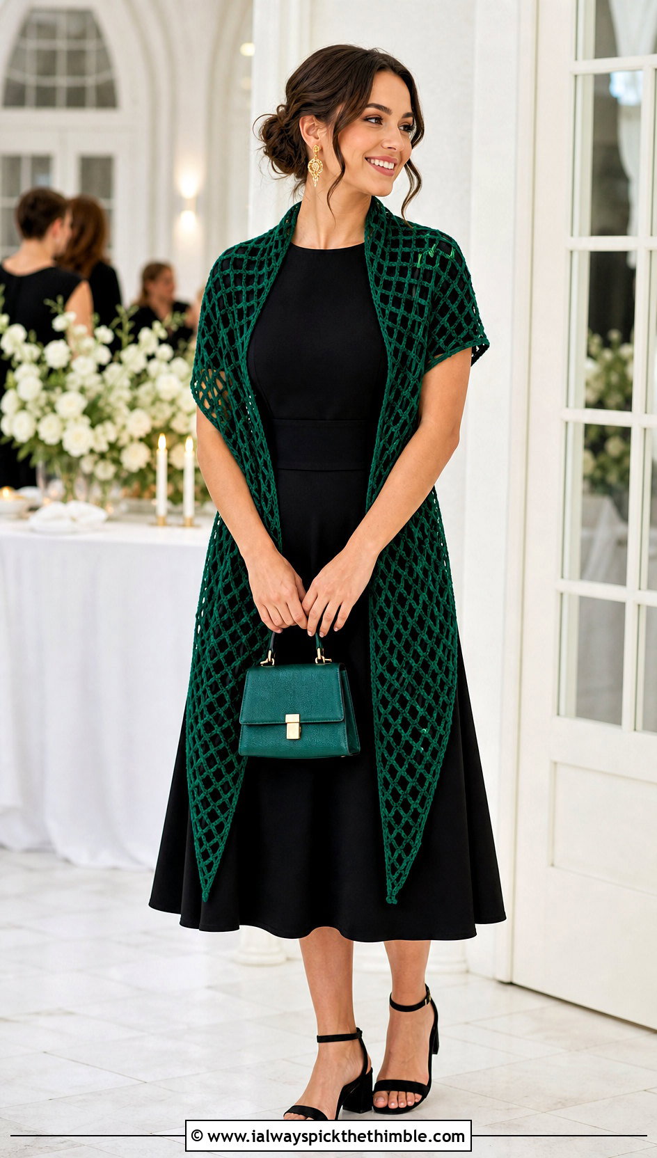 Trellis Mesh Triangle Shawl With Black Midi Dress - 20 Crochet Mesh Triangle Shawl outfit ideas