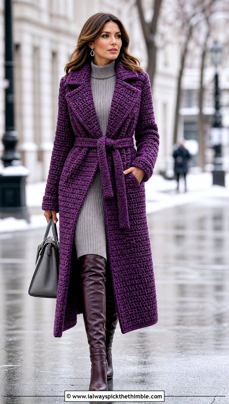 Trench Style Crochet Winter Coat With Sweater Dress - 20 Crochet Winter Coat outfit ideas