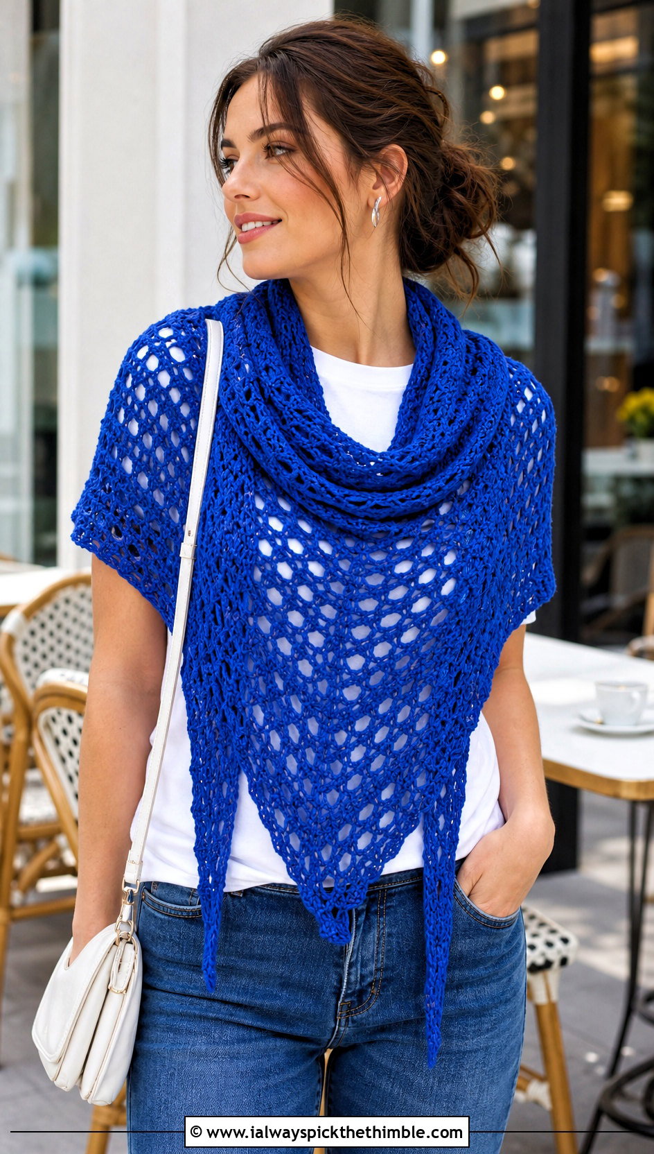Triangle 1 Skein Crochet Shawl With White Tee And Jeans - 15 Easy 1 Skein Crochet Shawl outfit ideas