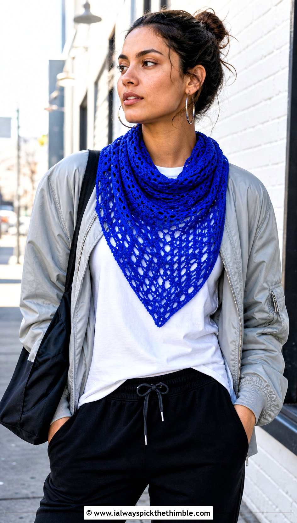 Triangle Bandana Crochet Lace Scarf With Bomber Jacket And Joggers - 25 crochet lace scarf outfit ideas